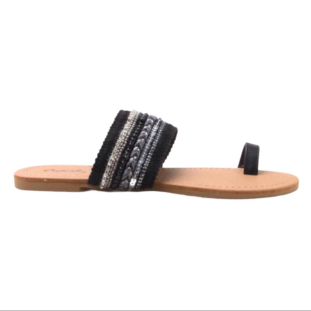 Black + Silver Boho Embellished Toe Ring Slide Sandal Size 5.5 & 6 - Picture 8 of 10